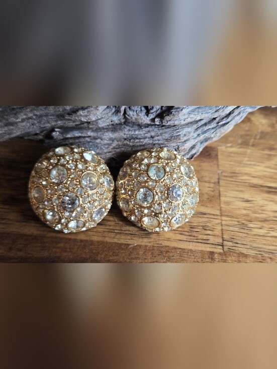 Jewelry - Vintage Gold-Tone Rhinestone Dome Clip-On Earrings 1" Round